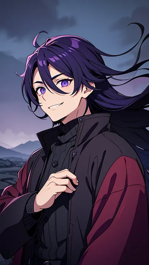 taisho period Japan man, dark aesthetic, darkwave aesthetic, grunge aesthetic, eerie moorlands behind him, dark aesthetics, eerie thriller aesthetic, dark and moody aesthetic, ominous, royal purple/dark blue hair, bright gray eyes, wolfcut, Kyojuro Rengoku...