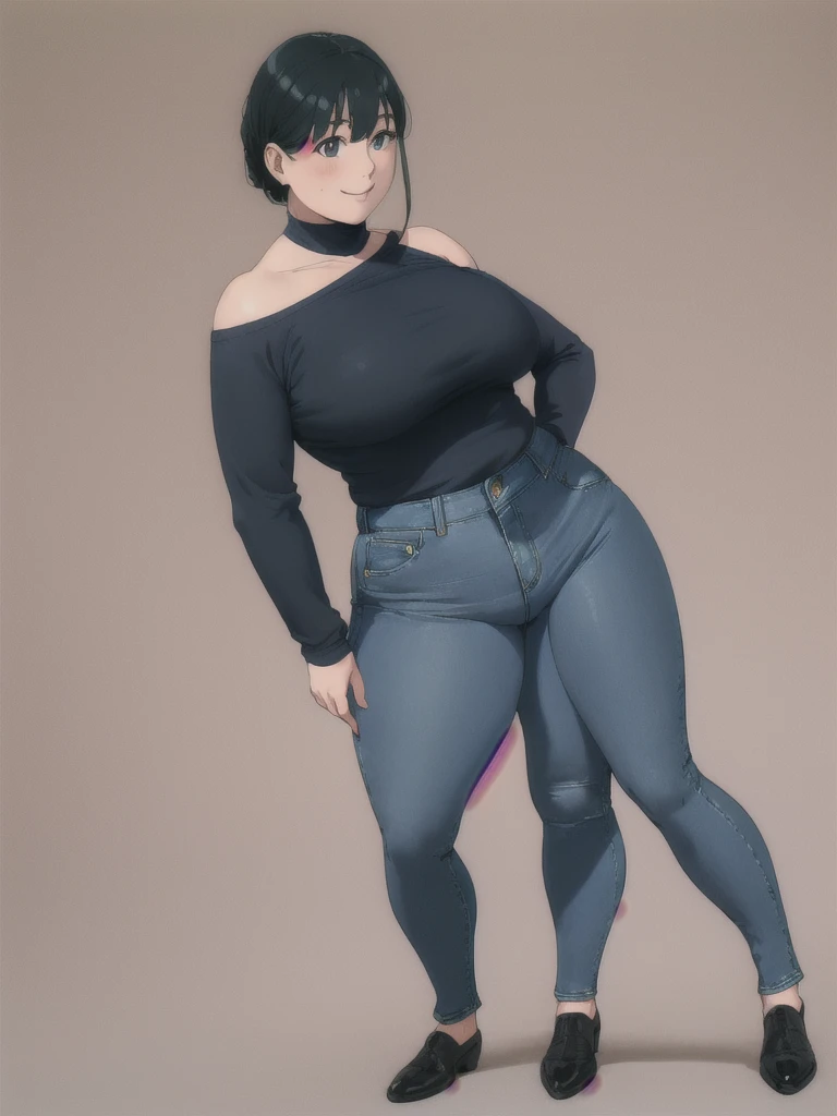 Beautiful face but chubby face, Chubby Yor briar, Hands on hips, Stand up straight, ((Full body)), (low head 1.5), A little chubby body type and small breasts, masterpiece, tight denim pants, ((small breasts)), thick legs++, Full body+, Solo, Swollen face,...