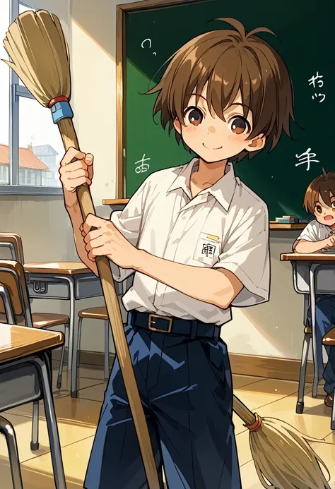 anime, 一人のboy, handa shinichi, brown hair, brown eyes, stop temporarily, smile, view your audience, cartoon man with a broom, ma...