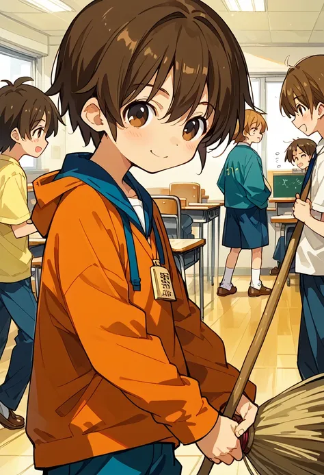 anime, 一人のboy, handa shinichi, brown hair, brown eyes, stop temporarily, smile, view your audience, cartoon man with a broom, ma...