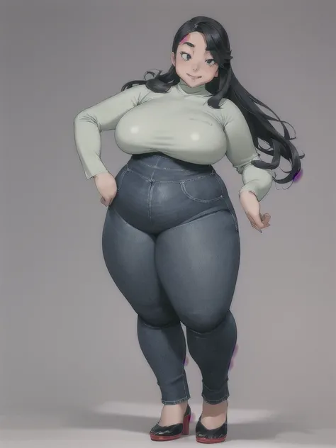 Beautiful face but chubby face, Chubby maoeuko sazaki, ((ahegao)), Hands on hips, Stand up straight, ((Full body)), (low head 1.5), A little chubby body type and small breasts, masterpiece, tight denim pants, ((small breasts)), thick legs++, Full body+, So...