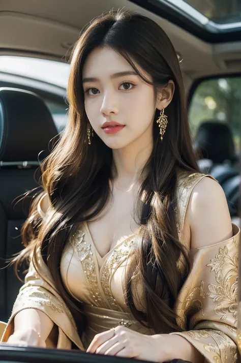 (((best quality))),(((ultra detailed))),(((masterpiece))),illustration,1girl,long hair,bright eyes,rosy cheeks,perfect smile,exquisite dress,intricate patterns,embellishments,slender figure,high-heeled sandals,sleek car,sharp lines,smooth curves,innovative...