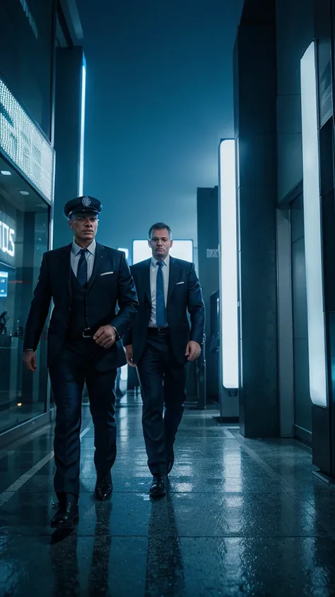 two policemen and Marcus a white big business man, in the middle, 8k realistic imagery, ultra hd, blue scenery like a movie scene, inspired by blade runner movie scene, blue tone