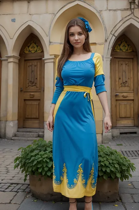 Ukrainian woman, full  body, nice face, jolie corps, ((dress with blue top and yellow bottom)), smirk, ((dans la ville de Lviv)), main opera square