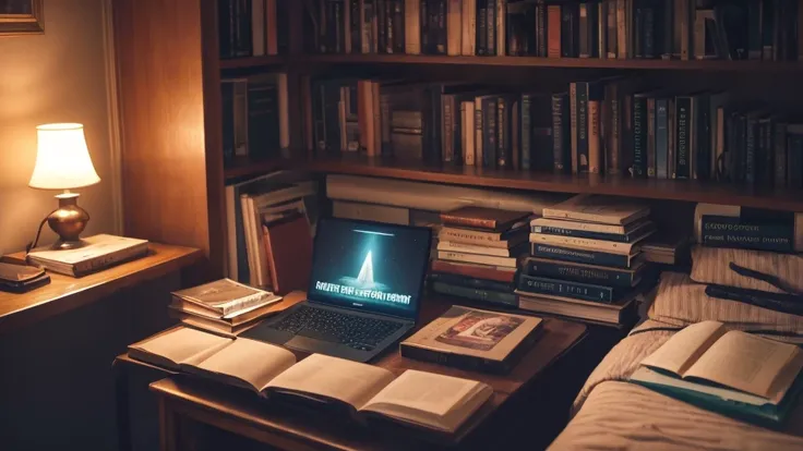 there is a laptop computer sitting on a bed with books and a candle, a picture by Anna Haifisch, tumblr, analytical art, studyng in bedroom, light academia aesthetic, story telling aesthetic, cozy aesthetic, flatlay book collection, books messy about the r...