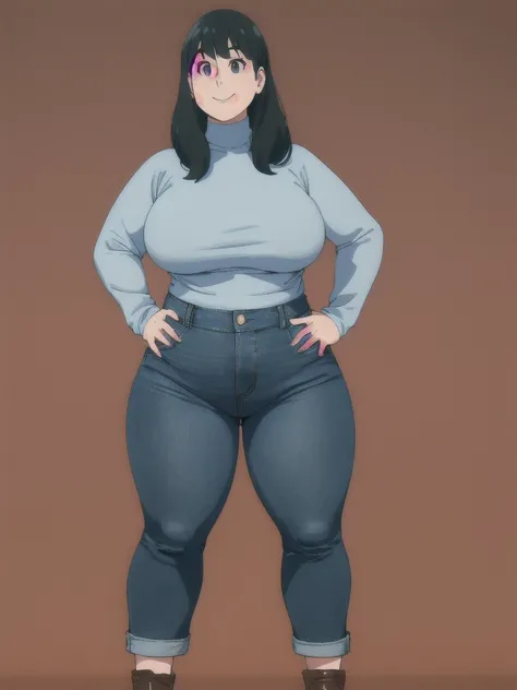 Beautiful face but chubby face, Chubby Yor briar, Hands on hips, Stand up straight, ((Full body)), (low head 1.5), A little chubby body type and small breasts, masterpiece, tight denim pants, ((small breasts)), thick legs++, Full body+, Solo, Swollen face,...