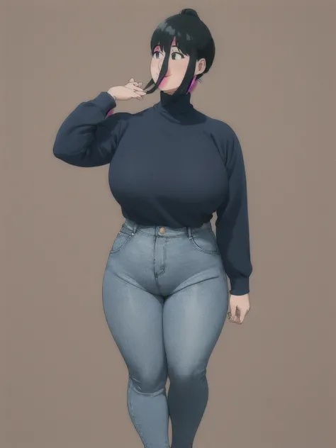 Beautiful face but chubby face, Chubby Yor briar, Hands on hips, Stand up straight, ((Full body)), (low head 1.5), A little chubby body type and small breasts, masterpiece, tight denim pants, ((small breasts)), thick legs++, Full body+, Solo, Swollen face,...