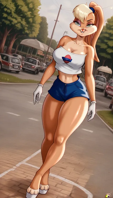 (masterpiece, best quality:1.2), lola bunny, fullbody, extra large breasts, open-toe platform high heels, short shorts, low-cut ...