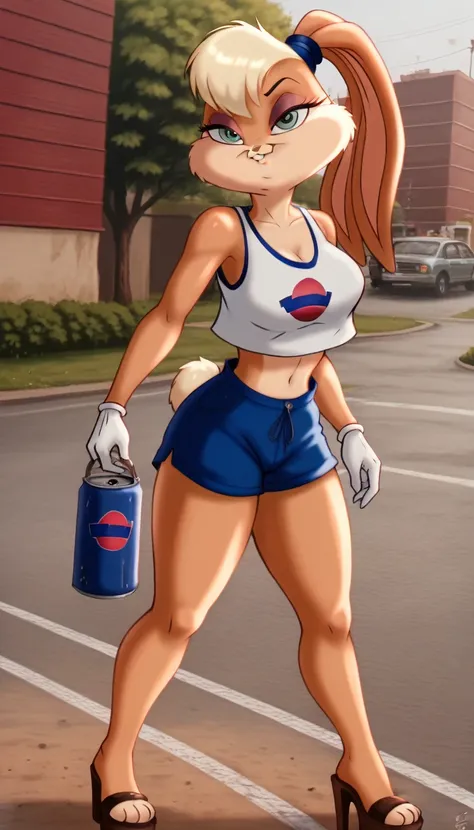 (masterpiece, best quality:1.2), Lola Bunny, fullbody, extra large breasts, open-toe platform high heels, short shorts, low-cut strapless crop top, thick thighs, dirt road, countryside, masterpiece, best quality, absurdres, highres, 4k, ray tracing, perfec...