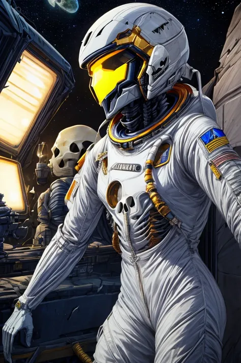 absurdres, intricate details, masterpiece, best quality, high resolution, 8k, (skeleton in astronaut spacesuit:1.2), (skull:1.3), (broken helmet:1.4), (colored light bulbs:1.3), spacesuit, lunar surface, craters, black sky, stars, soft light, front light, ...