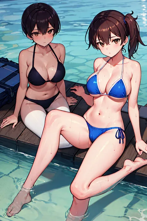 Beautiful illustration、top-quality、Kaga_kantaicollection
brown_hair, Side_Ponytail, brown_Eyes, Short_hair, gigantic_tits, long_hair、Blue Bikini、is sitting、The background is the coast,crotch,groin,apart_legs,wet,oil.(plump:0.7)