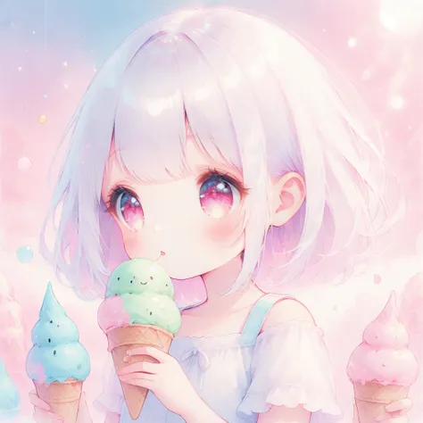 white hair, pink eyes, long, dreamy, ice cream