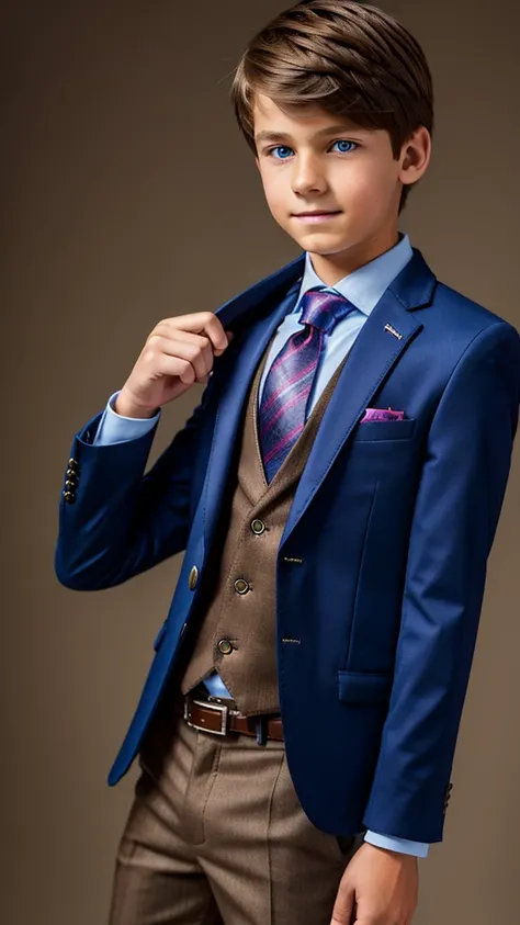 13 year old male wearing tie and lomg sleveed  button up with blazer and vest with dress pants and belts
4K HIGH REZ 

Physical Description: Brown colored hair and skinny build. 5"5 and 150 LB. Blue eyes. 

.