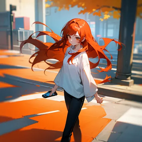 Creates an anime girl with long reddish-orange hair who is walking down the street with a white shirt and black pants and talking on the cell phone.