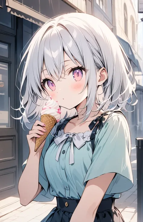 White hair, pink eyes, long, dreamy, ice cream