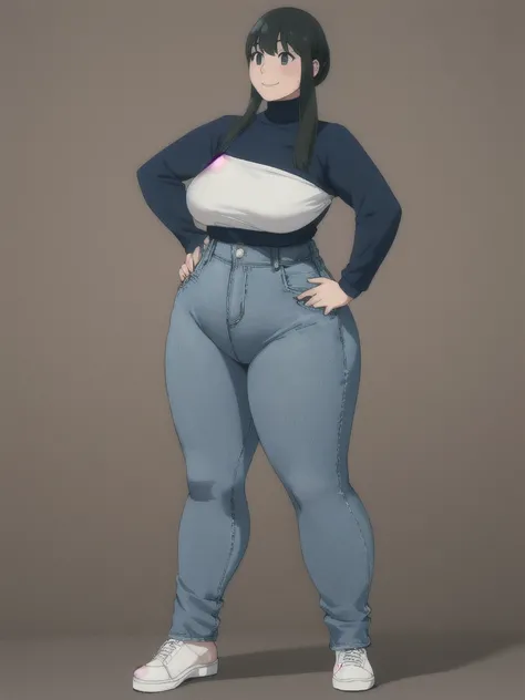 Bow legs, Beautiful face but chubby face, Chubby Yor briar, Hands on hips, Stand up straight, ((Full body)), (low head 1.5), A little chubby body type and small breasts, masterpiece, tight denim pants, ((small breasts)), thick legs++, Full body+, Solo, Swo...