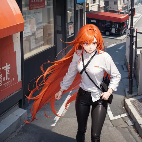 Creates an anime girl with long reddish-orange hair who is walking down the street with a white shirt and black pants and talking on the cell phone.