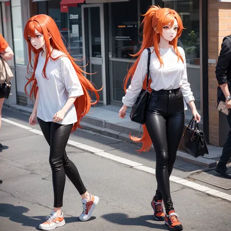 Creates an anime girl with long reddish-orange hair who is walking down the street with a white shirt and black pants and talking on the cell phone.