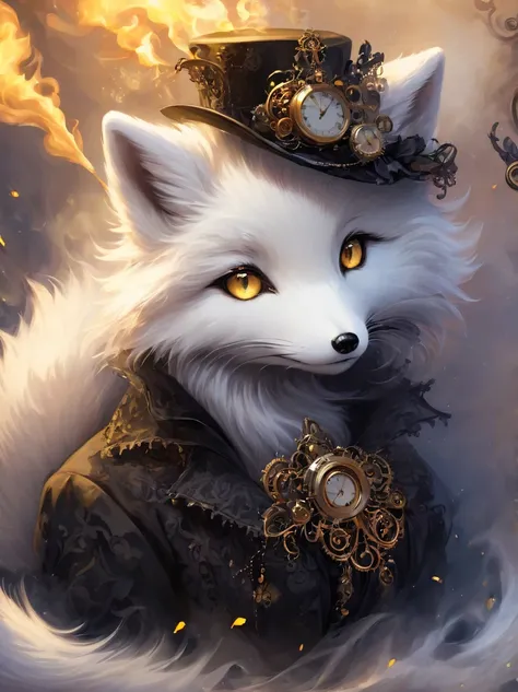 （best quality，masterpiece：1.2，detailed details），（1 cute arctic fox, gold eyes， fluffy hair），（dark Gothic，steampunk gothic victorian style）, dark, engulfed in smoke
