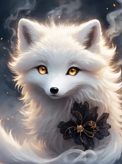 （best quality，masterpiece：1.2，detailed details），（1 cute arctic fox, gold eyes， fluffy hair），（dark Gothic，steampunk gothic victorian style）, dark, engulfed in smoke
