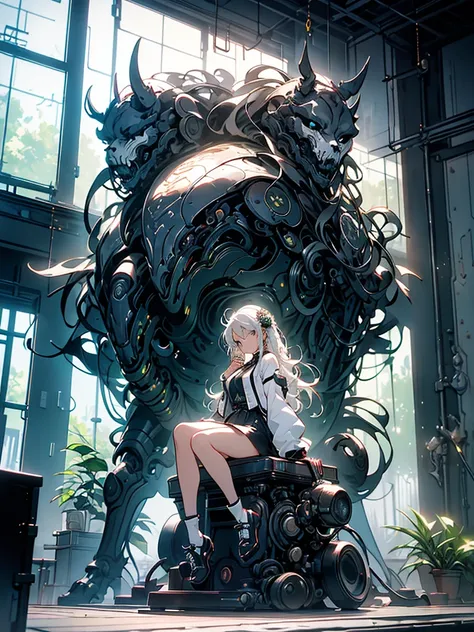 work of art, best qualityer, A girl, standing alone, (((sitting thoughtful, with the arm resting on the thigh and the hand supporting the chin))), Halation, beco, plein-air, bangss, white dress, White hair, long hair, Black shoes, industrial pipe, gazing a...