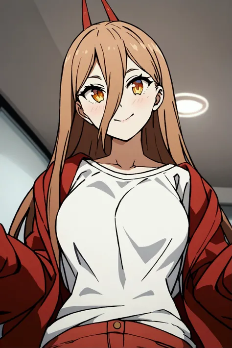 a girl, , wearing a red jacket open  and a very short white shirt, showing a little,  wearing red shorts, looking at us with a sparkling look . detailed image, high 4k resolutions 