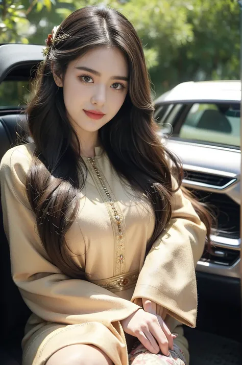 (((best quality))),(((ultra detailed))),(((masterpiece))),illustration,1girl,long hair,bright eyes,rosy cheeks,perfect smile,exquisite dress,intricate patterns,embellishments,slender figure,high-heeled sandals,sleek car,sharp lines,smooth curves,innovative...