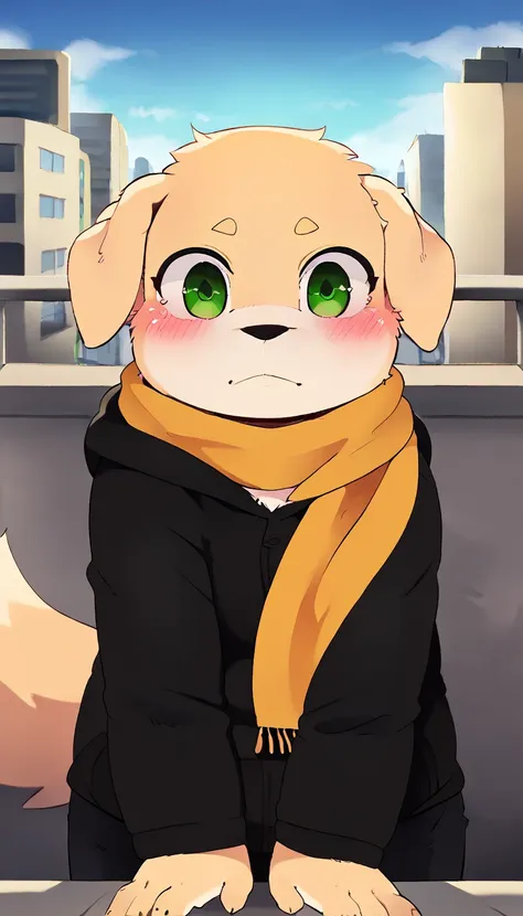 cu sith (tas), bird dog, canid, canine, canis, domestic dog, golden retriever, hunting dog, mammal, retriever, anthro, city, clothing, floppy ears, fur, green eyes, hoodie, male, scarf, slightly chubby, solo, topwear, wristband, yellow body, yellow fur, ar...