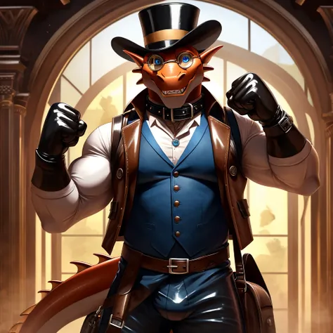 Solo, Male, muscular, gentleman, dapper Professor Dragon with biceps, blue eyes, (posing:1.3), (soft shading), 4k, hi res, ((detailed face, detailed)), looking at viewer, mouth wide open, steampunk, collared shirt with buttons, top hat, male focus, Explore...