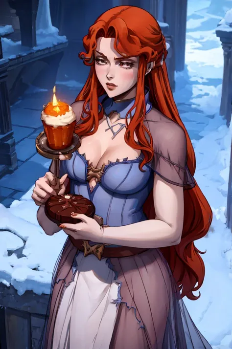 Lenore from Castlevania, Sexy vampire girl with orange hair  holds a cake with "one hundred" written on it, nude , blue choker, blue stockings