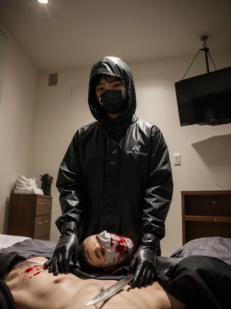 korean girl, (behind corpse, surgical mask), blood splatter, holding knife, stabbing, black gloves, room full of blood, transparent raincoat, hood up, trucker hat, holding knife, black gloves, behind corpse, short hair, night, mass murderer, robbery, in th...