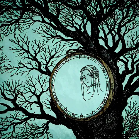 floating head stuck in the branches of a tree, expression of pain and agony, surrealist and contemporary image. garden of time b...