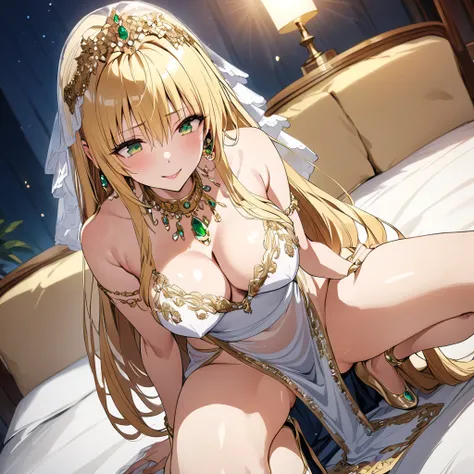 ((Highest quality)), ((masterpiece)), (detailed), （Perfect Face）、The woman smiles gently and looks expectantly at him as she spreads her legs wide open on the bed, seducing him by opening her pussy with her fingers.、The woman was a tiare with green eyes an...