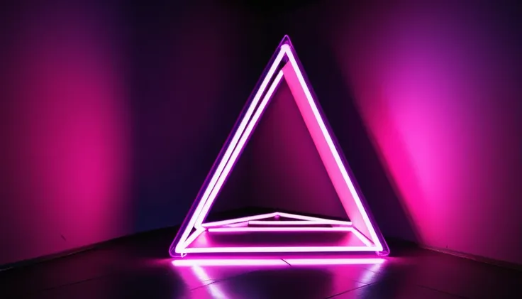 a triangle shaped neon light in a dark room , nonhuman, scenery, pink theme, purple theme, showy, abstract, triangle, cube, neon lights, fall