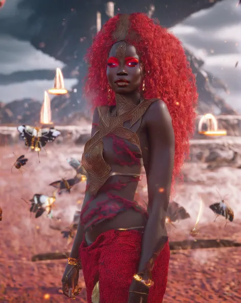 afrofuturism, an beautiful african goddess wearing red luxury tribal african clothes, goddess of thunder, storm particles, thund...