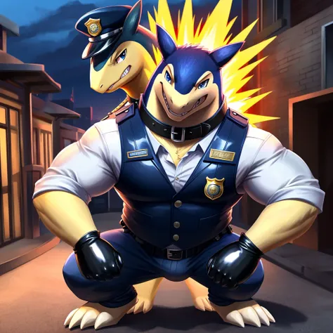 Solo, Male, muscular, gentleman, dapper Typhlosion with biceps, blue eyes, (soft shading), 4k, hi res, ((detailed face, detailed)), looking at viewer, evil grin, police station, collared shirt with buttons, hat, male focus, Police Uniform, glasses, monocle...