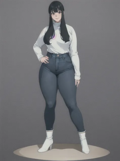 ((height 150cm)), thick lips, Bow legs, Beautiful face but chubby face, Chubby Yor briar, Hands on hips, Stand up straight, ((Full body)), (low head 1.5), A little chubby body type and small breasts, masterpiece, tight denim pants, ((small breasts)), thick...