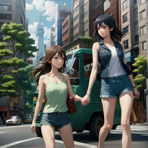 two women walking across a street holding hands, makoto shinkai and artgerm, realistic anime 3 d style, two beautiful anime girls, tokyo anime scene, 3 d anime realistic, anime girls, realistic anime artstyle, photorealistic anime, makoto shinkai. high det...