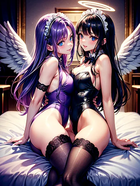 Highest quality,Highest Resolution,(((A beautiful girl with blue eyes, black hair and white angel wings on her back in a maid leotard)))and(((A beautiful girl with red eyes, purple hair, and black angel wings on her back in a gothic lolita leotard)))They a...