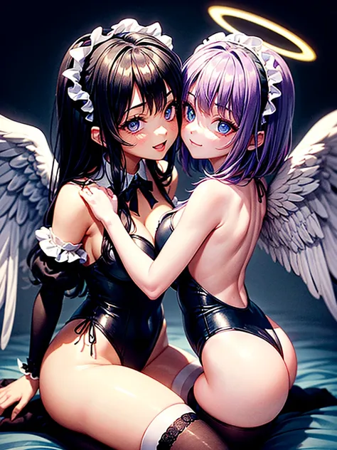 Highest quality,Highest Resolution,(((A beautiful girl with blue eyes, black hair and white angel wings on her back in a maid leotard)))and(((A beautiful girl with red eyes, purple hair, and black angel wings on her back in a gothic lolita leotard)))They a...