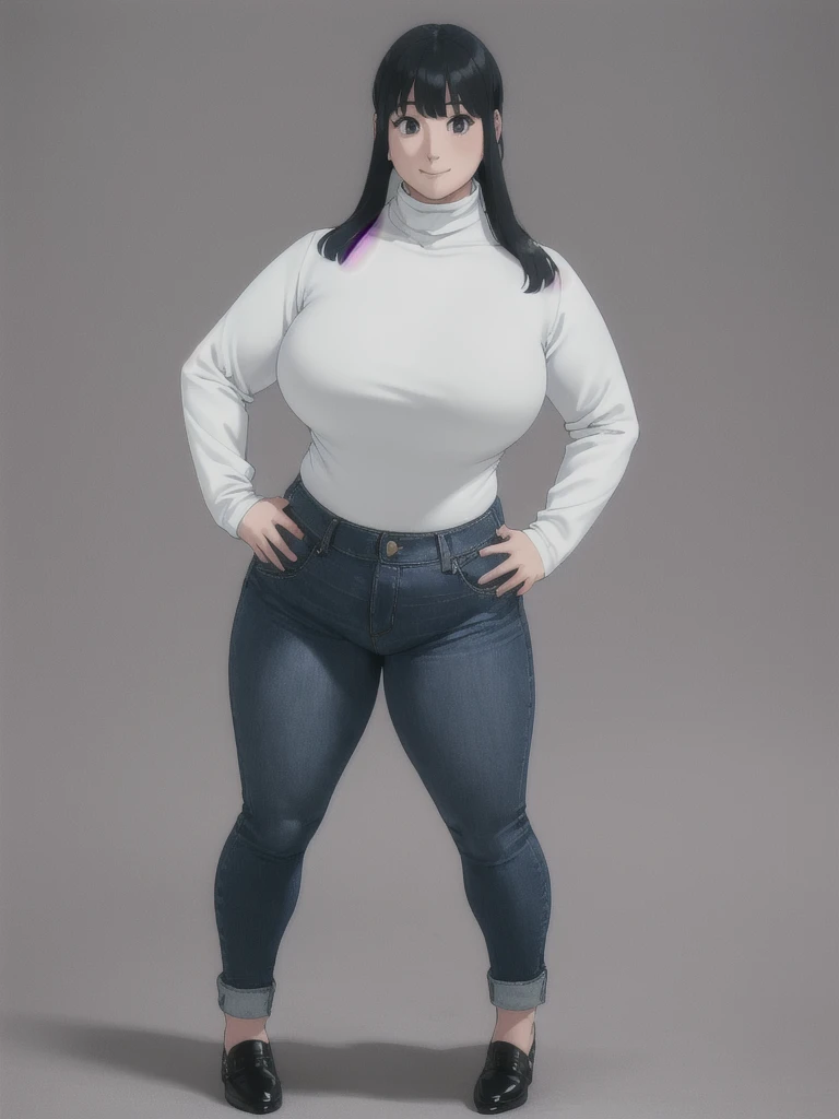 ((height 150cm)), Bow legs, Beautiful face but chubby face, Chubby Yor briar, Hands on hips, Stand up straight, ((Full body)), (low head 1.5), A little chubby body type and small breasts, masterpiece, tight denim pants, ((small breasts)), thick legs++, Ful...