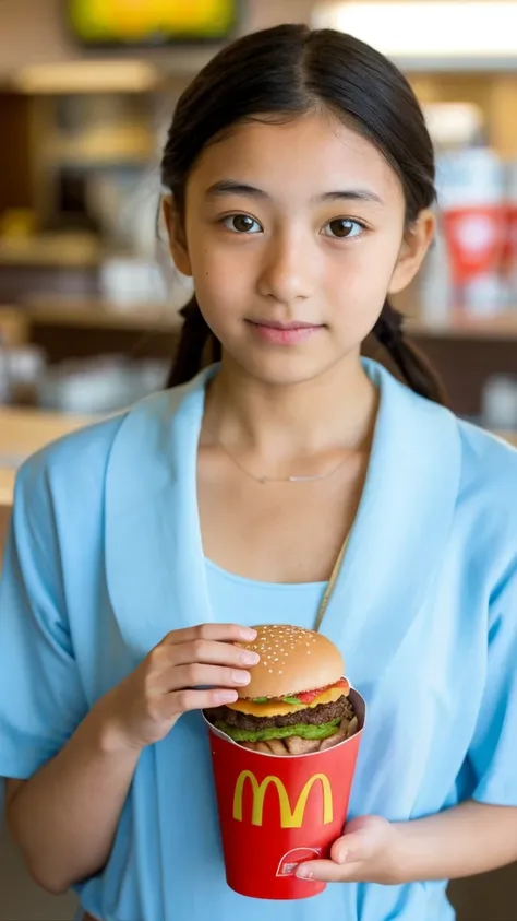 11 year old girl　Japanese　Light blue yukata　Realistic Skin　eating McDonalds Big Mac