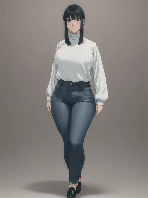 ((height 150cm)), thick thighs, Bow legs, Beautiful face but chubby face, Chubby Yor briar, Hands on hips, Stand up straight, ((Full body)), (low head 1.5), A little chubby body type and small breasts, masterpiece, tight denim pants, ((small breasts)), thi...