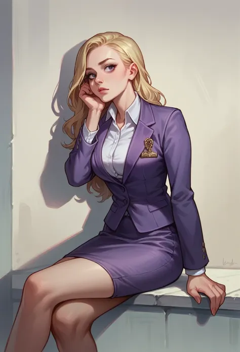 blonde girl, oval face type  , sitting on a chair , in a purple business suit , against the wall , Realism , high quality 