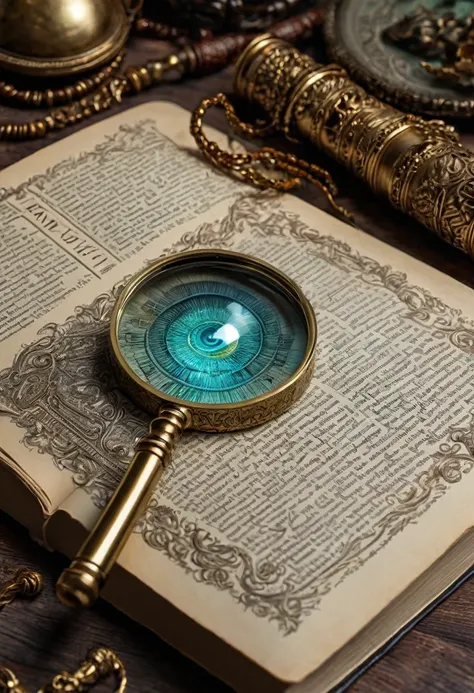 a close up of a book with a magnifying glass on top of it, mystery and detective themed, mystical and mysterious, mystery, ancient mystic time lord, beautiful and mysterious, sense of mystery, feeling of mystery, by Anna Findlay, mystical and new age symbo...