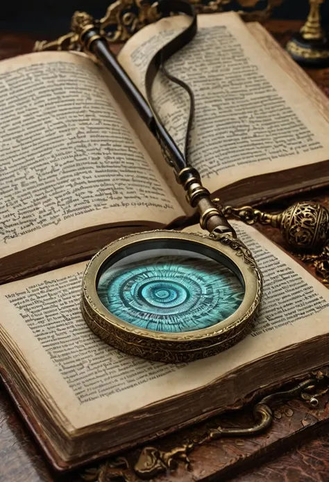 a close up of a book with a magnifying glass on top of it, mystery and detective themed, mystical and mysterious, mystery, ancient mystic time lord, beautiful and mysterious, sense of mystery, feeling of mystery, by Anna Findlay, mystical and new age symbo...