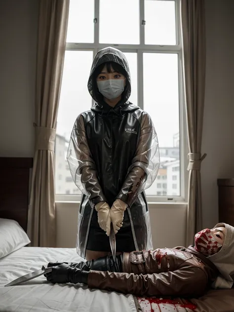 korean girl, (behind corpse, surgical mask), blood splatter, holding knife, stabbing, leather gloves, room full of blood, transparent raincoat, hood up, trucker hat, holding knife, leather gloves, behind corpse, short hair, night, mass murderer, robbery, i...