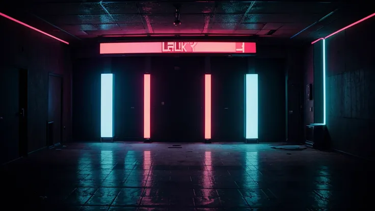 Large empty hall, cyberpunk style, neon lights, Rich in details, cinematographic, large LED panel on the background wall