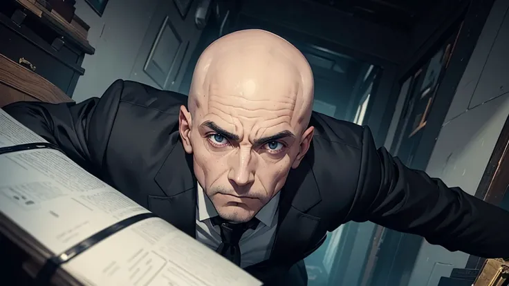 a man in a black suit,eyes browns, baldie,without hair and without beard or mustache looking like a bad psychopath