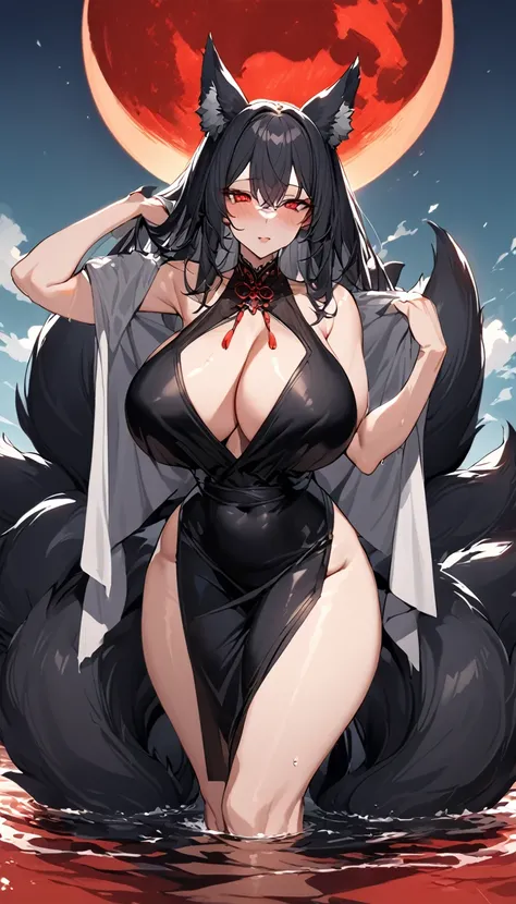 Beautiful black Kitsune, red eyes, highly detailed face, highly detailed eyes, big breasts, sexy figure, mature woman, several black kitsune tails, soft long Black Kitsune ears, You rule a lake, with a towel, a huge redblood moon in the sky reflecting in t...